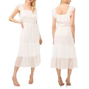 Cece eyelet ruffle square neck midi dress white - M